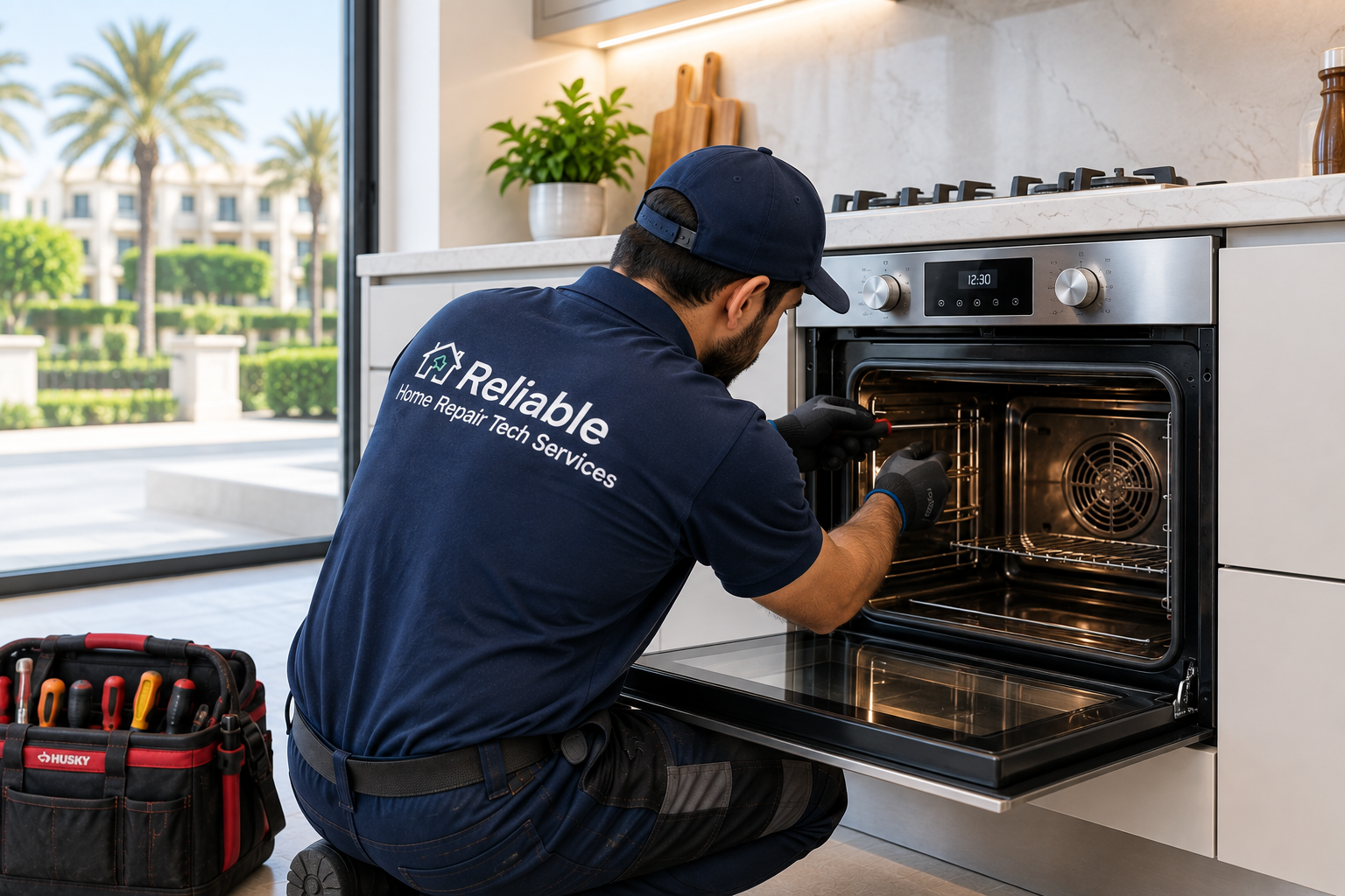 Technician repairing built-in oven in The Lakes Dubai