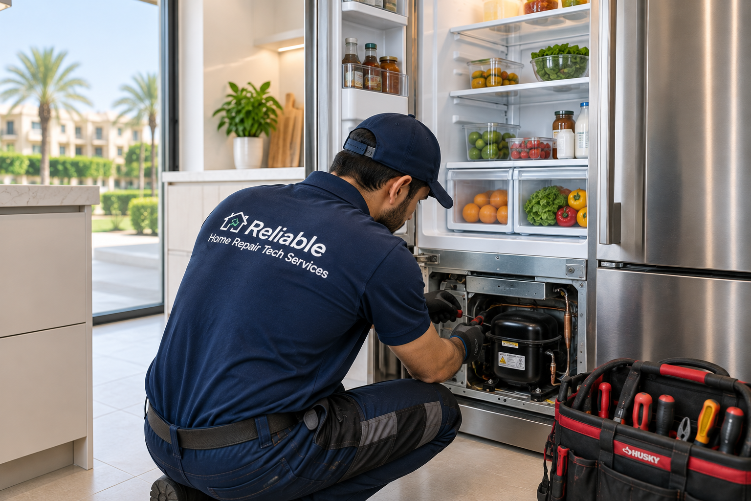 Technician repairing refrigerator in The Lakes Dubai