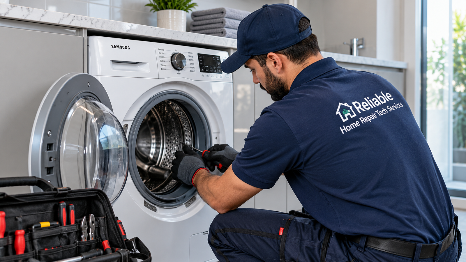Technician repairing washing machine in The Lakes Dubai