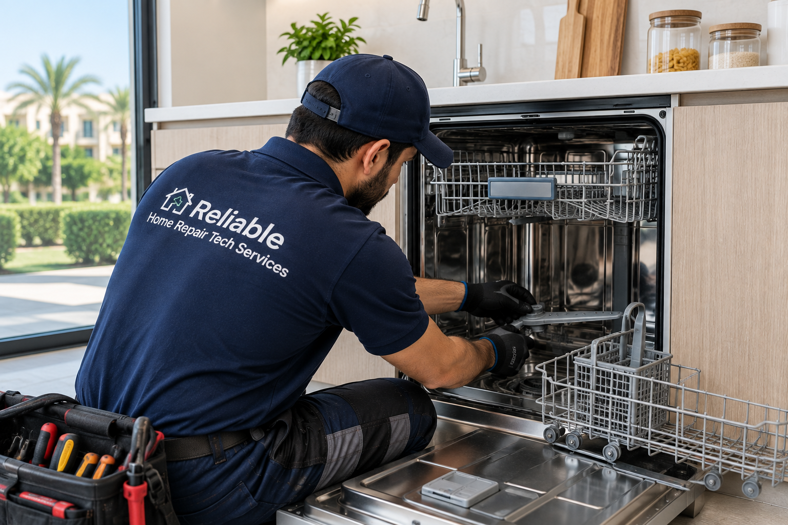 Technician repairing dishwasher in The Lakes Dubai
