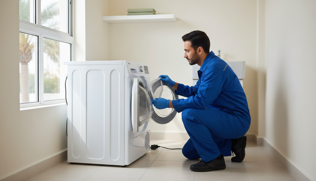 Technician inspecting the lint filter of a freestanding tumble dryer