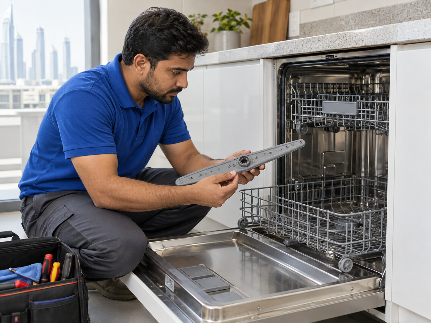 Technician inspecting a dishwasher spray arm beside an open dishwasher