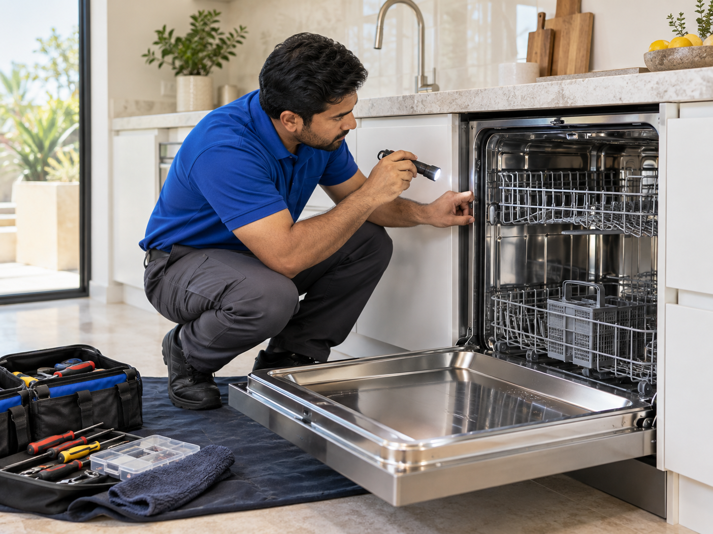 Technician inspecting a built-in dishwasher door seal and latch