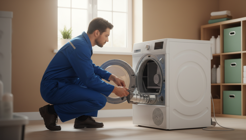 Technician inspecting a heat-pump dryer lower service compartment