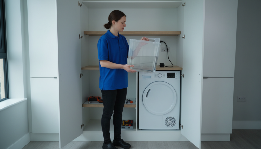 Technician checking a condenser dryer water collection tank