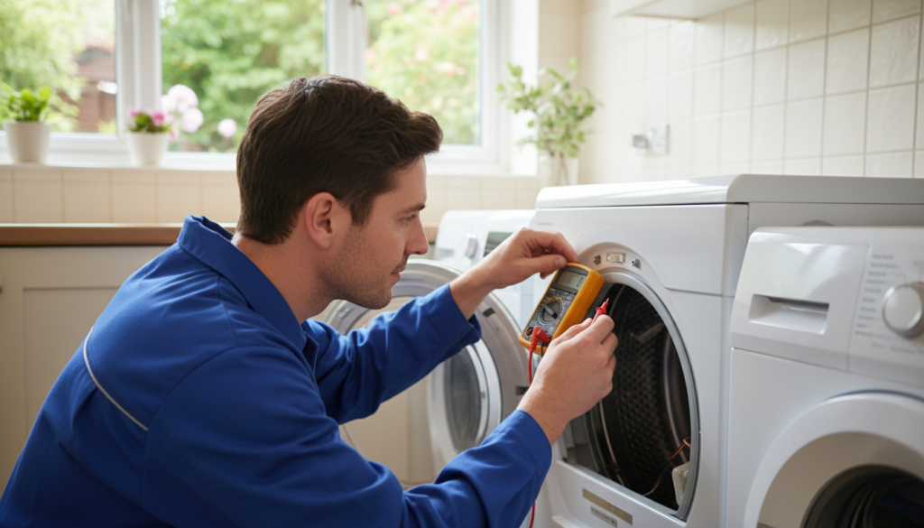 Technician inspecting moisture-sensing surfaces inside a dryer