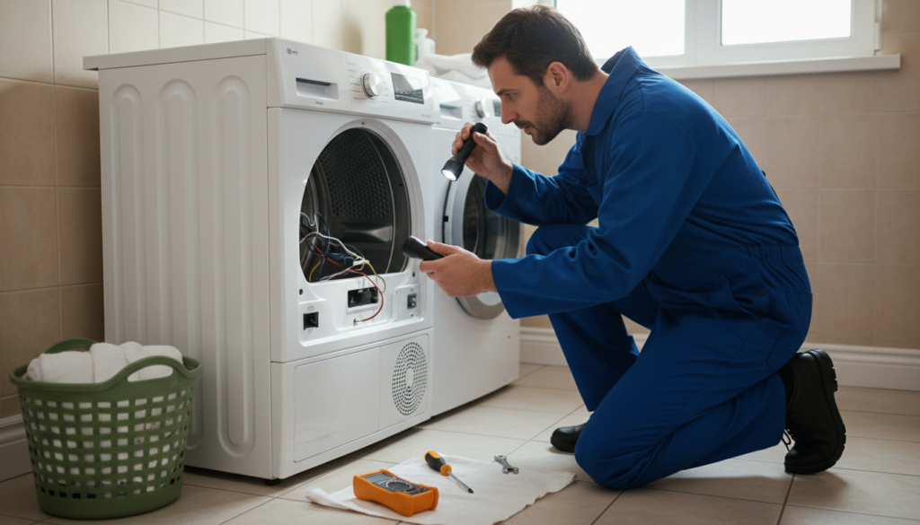 Technician checking airflow openings on a tumble dryer