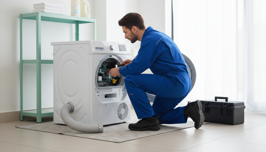 Technician inspecting the rear service area of an unplugged dryer