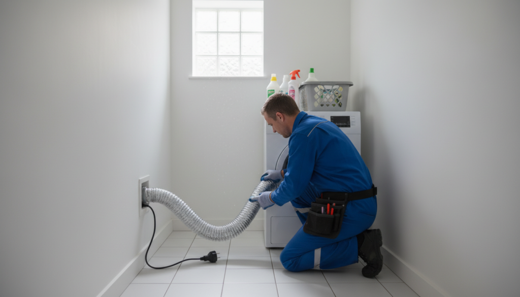 Technician checking the exhaust hose behind a vented dryer