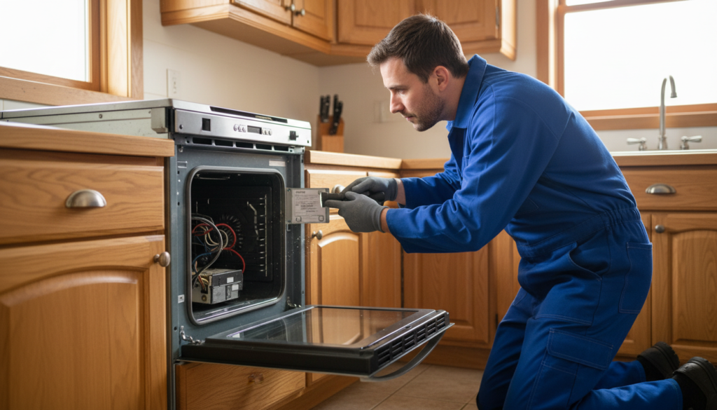 Technician reading the model label on a built-in electric oven
