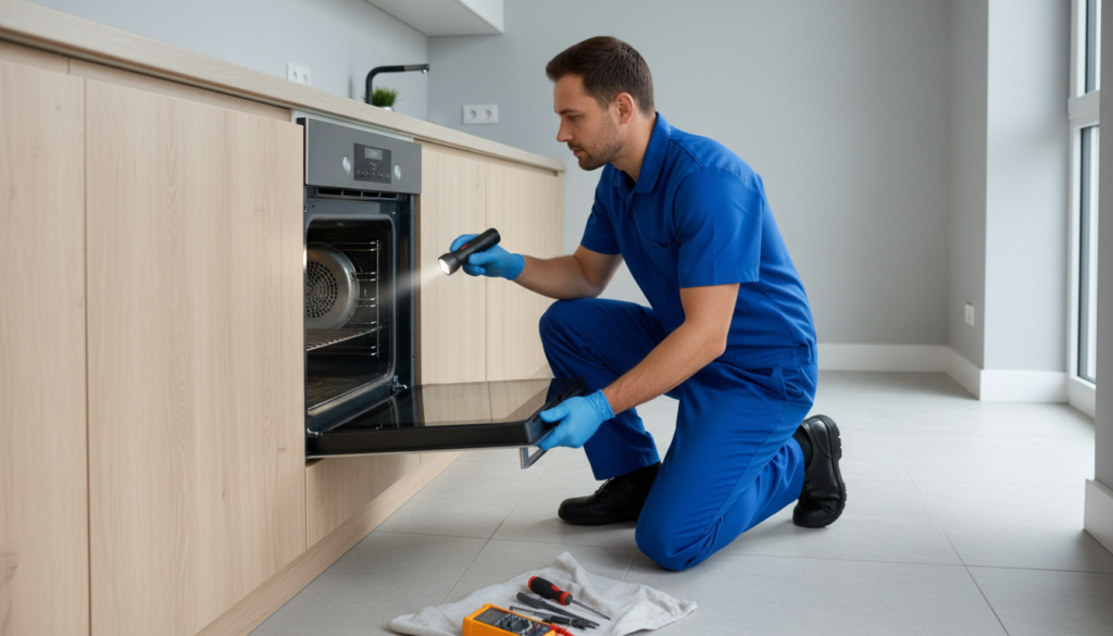 Technician inspecting the interior fan area of a built-in oven