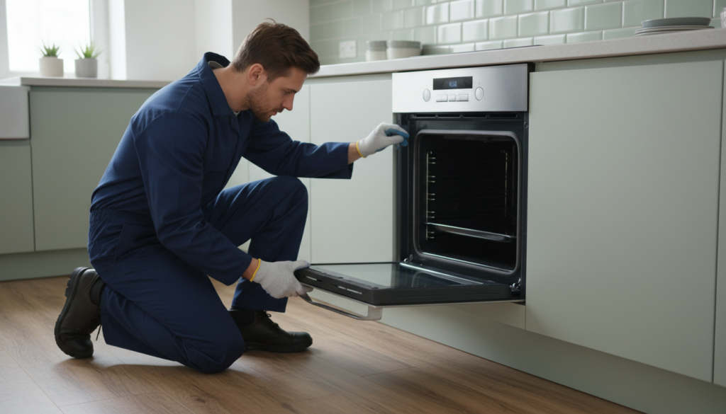 Technician inspecting a built-in electric oven door hinge