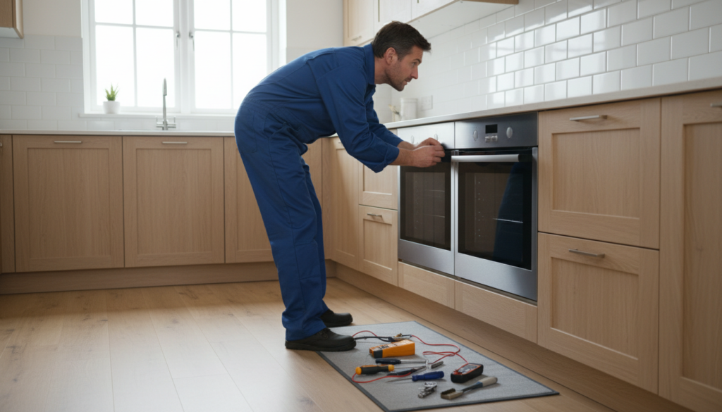 Technician checking ventilation around a built-in electric oven