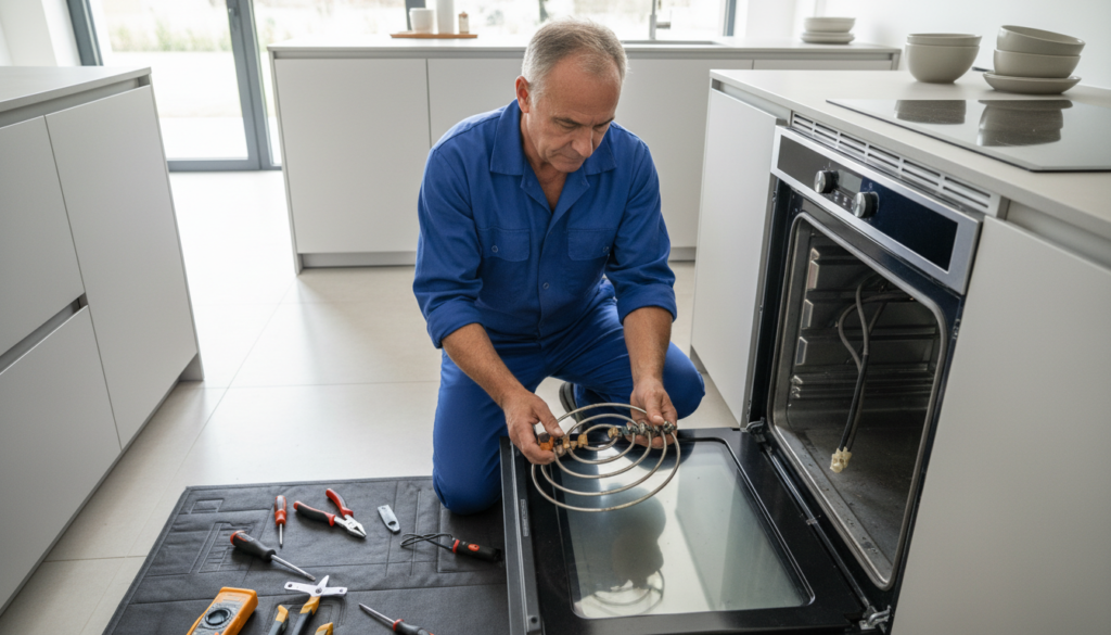 Technician examining an electric oven heating element