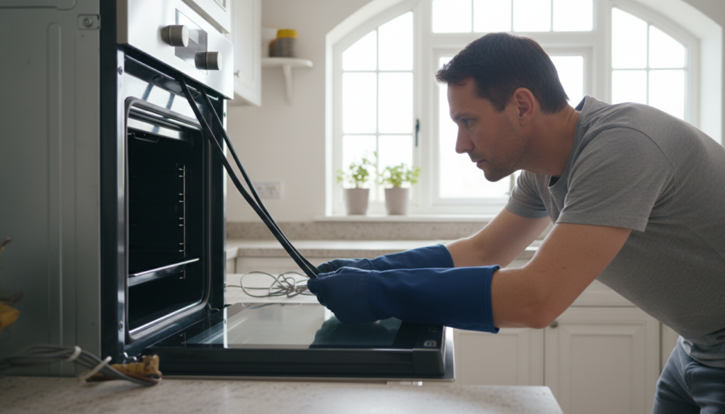 Technician checking the door seal of a built-in electric oven