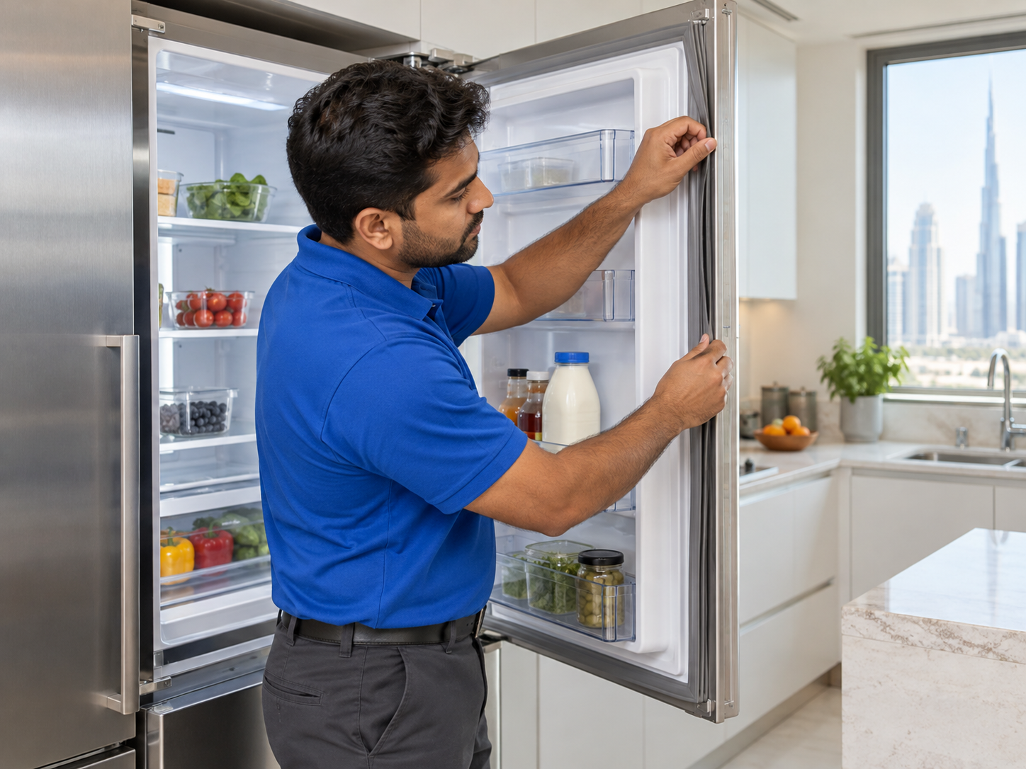Technician checking a refrigerator door gasket and alignment