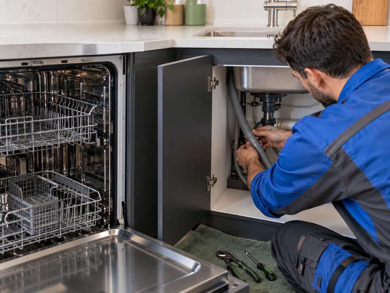 Technician checking the dishwasher drain-hose route inside the adjacent sink cupboard