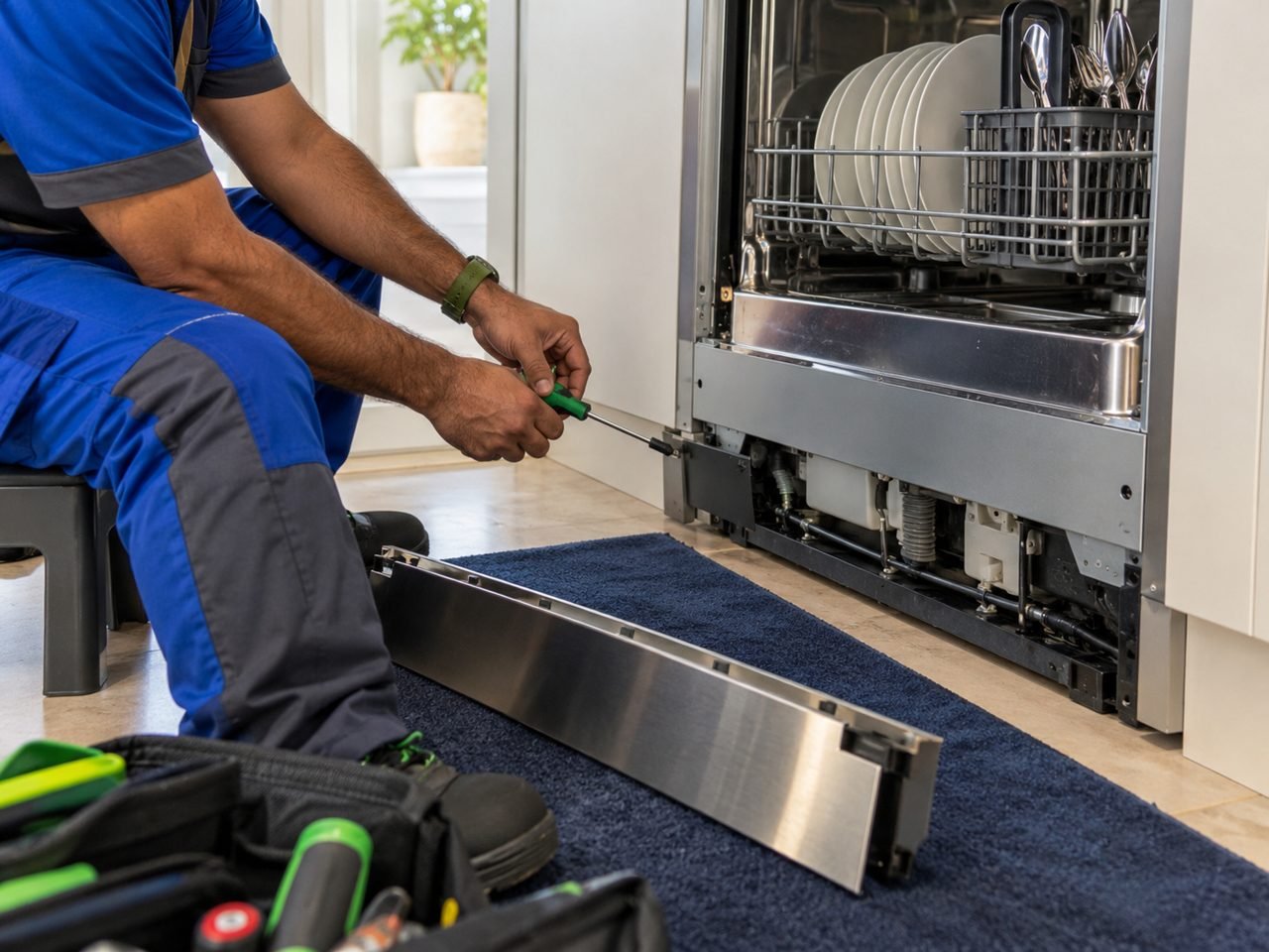 Technician checking the lower kickplate of a built-in dishwasher while seated on a low stool