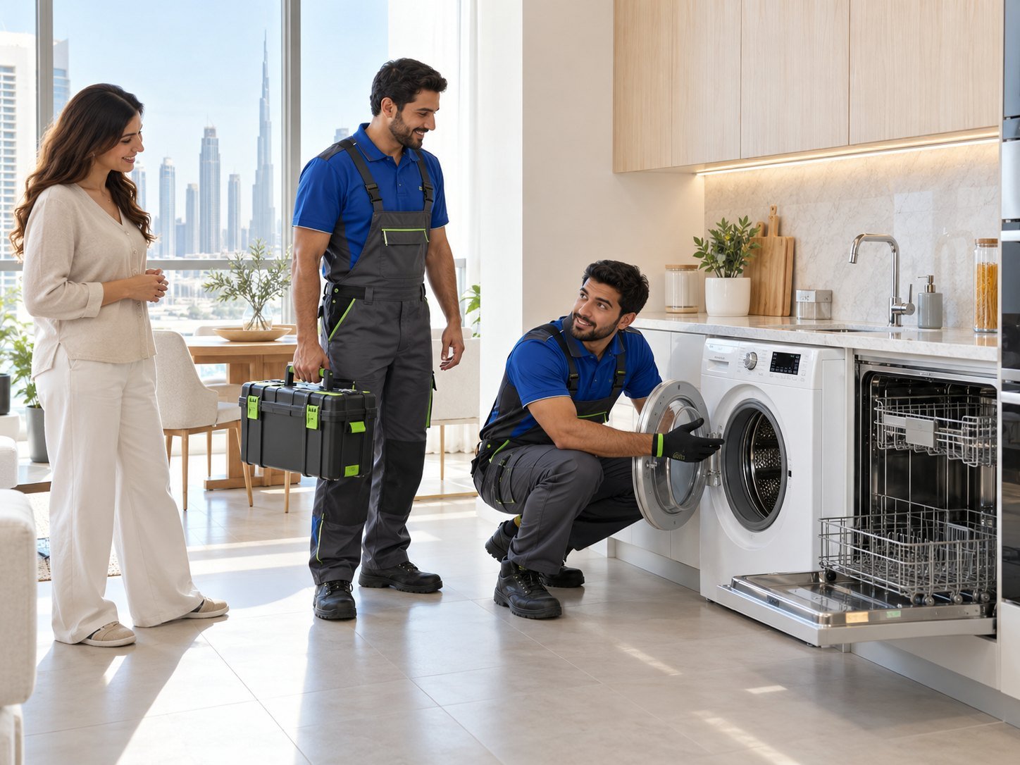 Technician two professional technicians arriving with a neat tool case beside a white washing machine and integrated dishwasher in a bright Dubai home; one standing, one gesturing toward the appliance