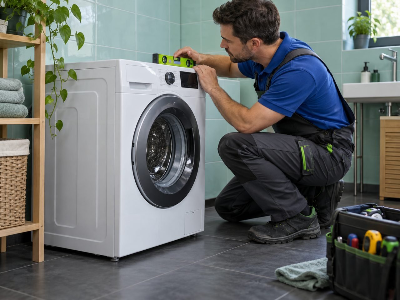 Technician technician checking the top levelling surface of a closed washing machine using a short spirit level