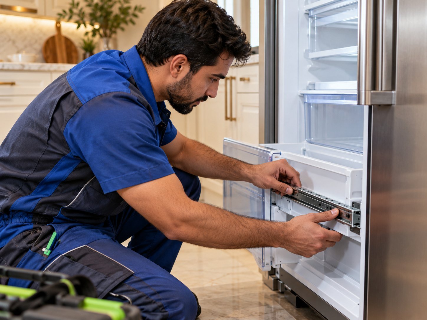 Technician technician inspecting the interior lower refrigerator drawer rail with the fridge door open