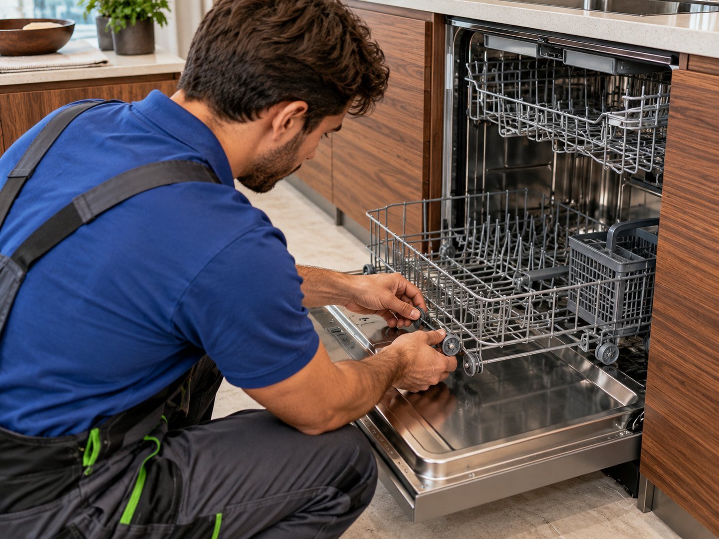 Technician technician adjusting a lower dishwasher basket wheel with the machine open and switched off