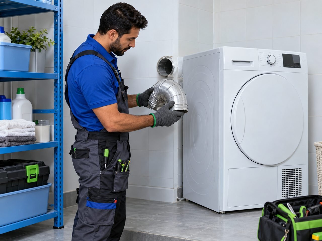 Technician technician checking a disconnected tumble dryer vent elbow beside the upright machine