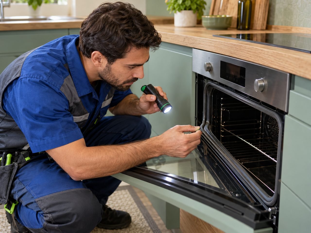 Technician technician inspecting the oven door gasket corner while holding a small torch, oven cold