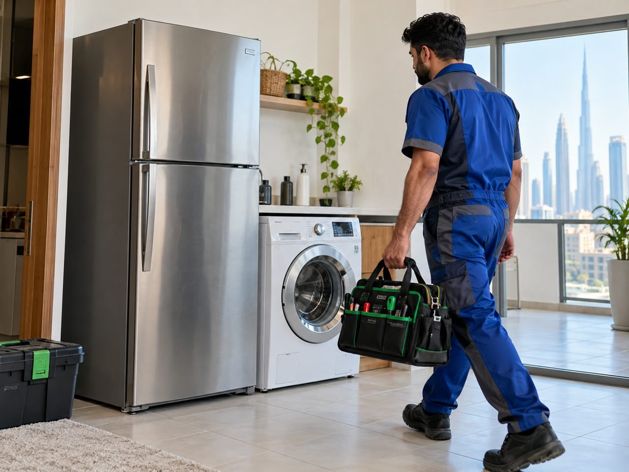Technician technician holding a tool bag beside an upright refrigerator and washing machine, preparing an appliance visit, no posing toward camera