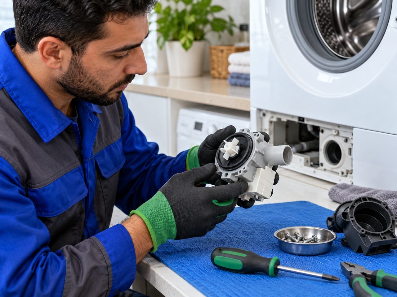 Technician technician examining a safely detached small appliance drain pump on a clean blue work mat, washer visible behind, no live electricity