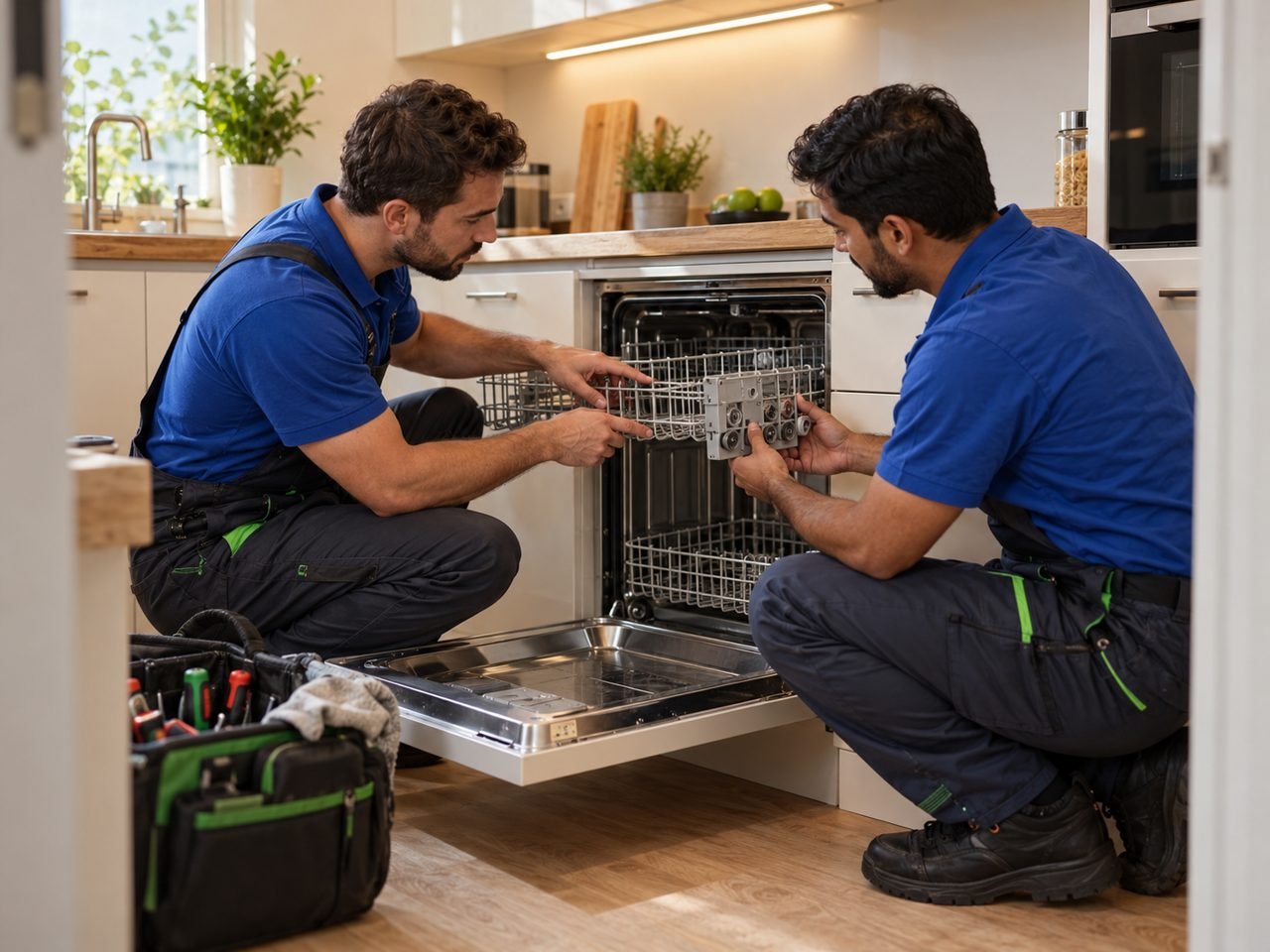 Technician two technicians in blue work shirts reviewing an open dishwasher basket mechanism together, both facing the appliance and discussing the fault naturally
