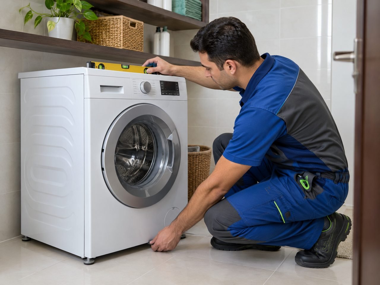 Technician checking the levelling feet with a spirit level on top of the washer