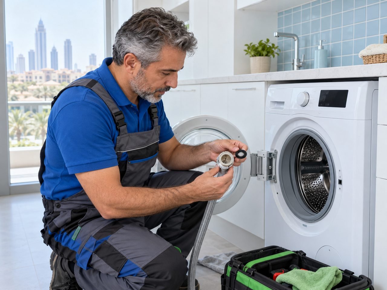 Technician inspecting a disconnected inlet filter and hose gasket beside the washing machine