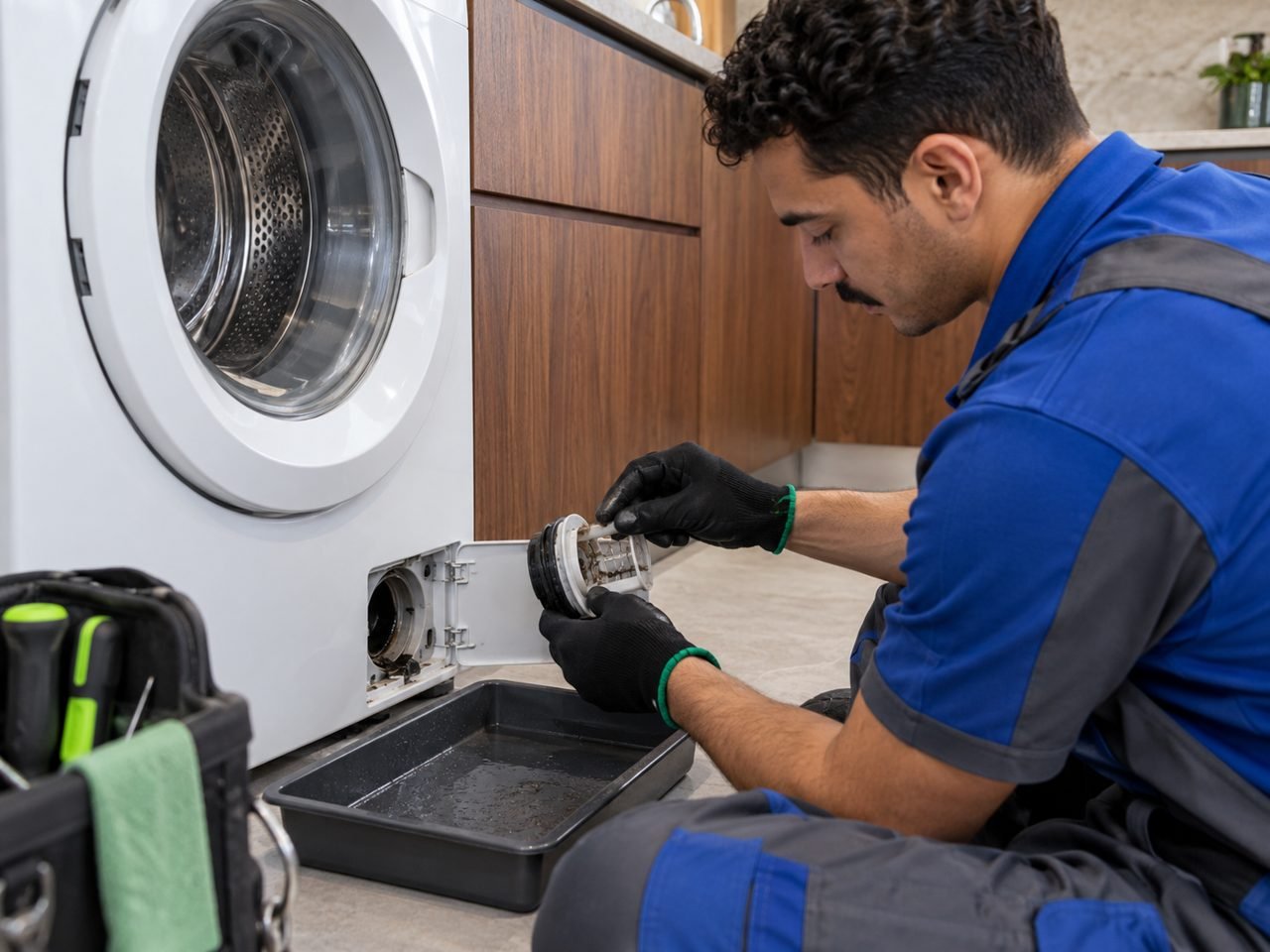 Technician checking a drain-pump filter above a shallow catch tray beside the washer