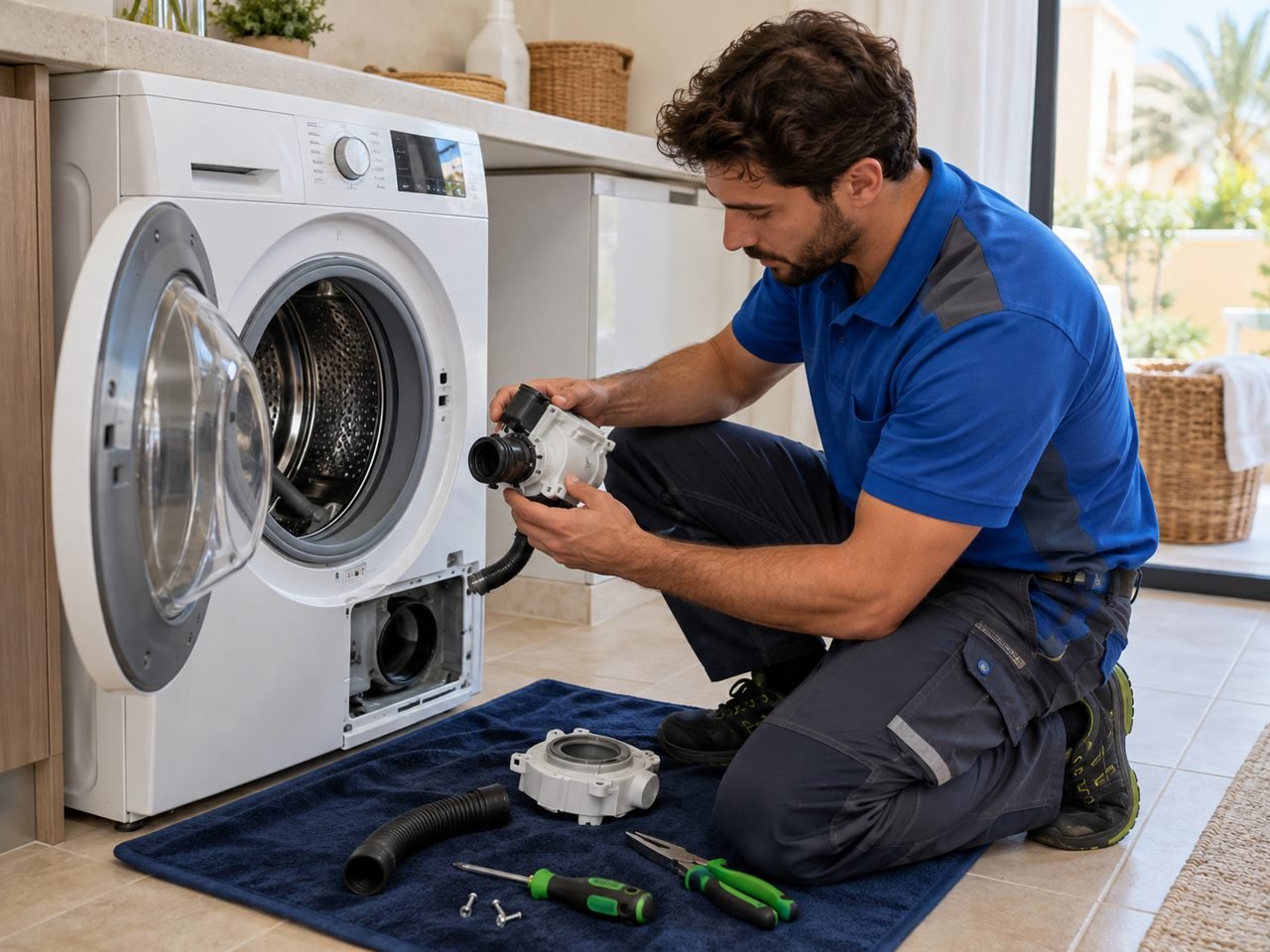 Technician inspecting a detached drain pump beside a switched-off washer