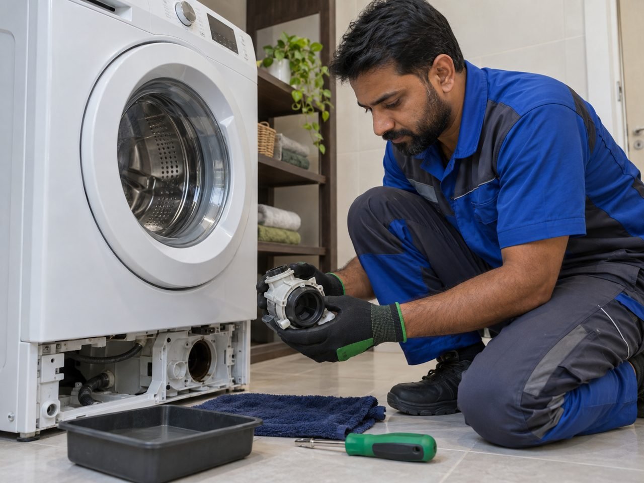 Technician inspecting a detached drain pump beside a switched-off washer