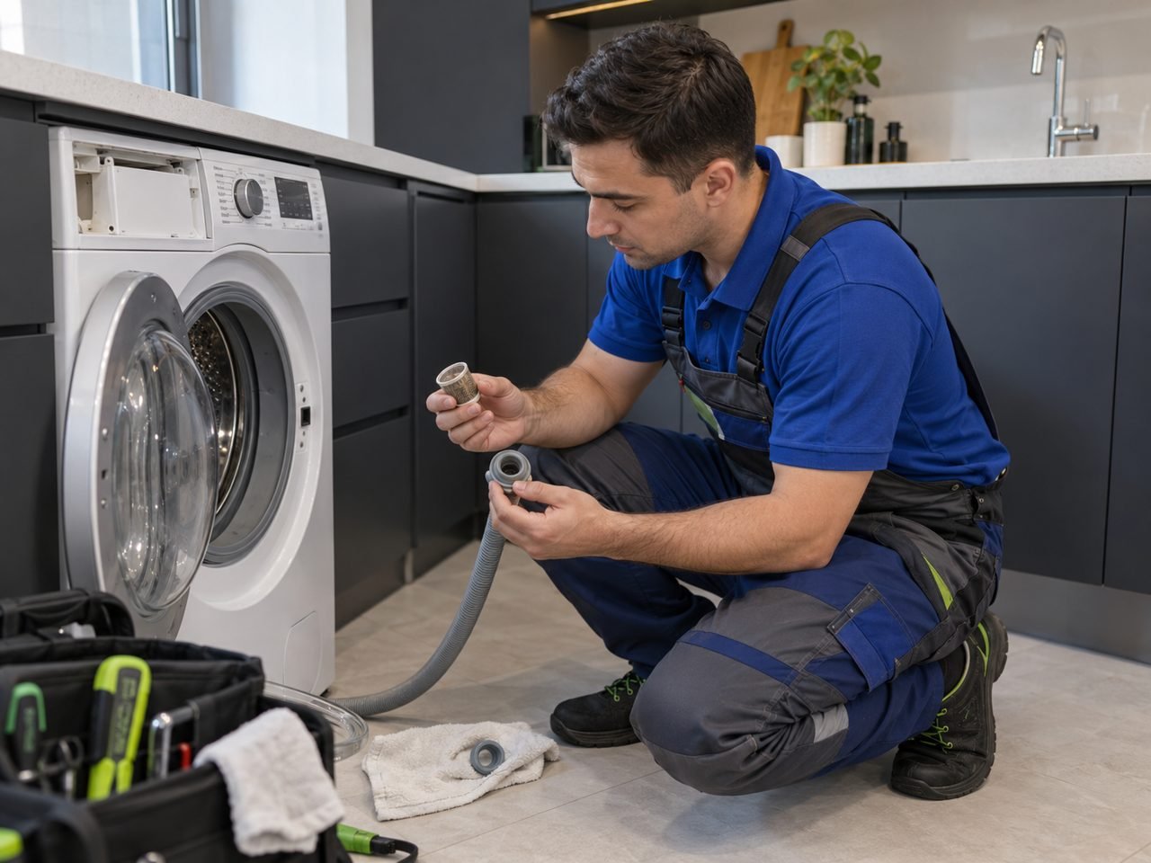 Technician inspecting a disconnected inlet filter and hose gasket beside the washing machine