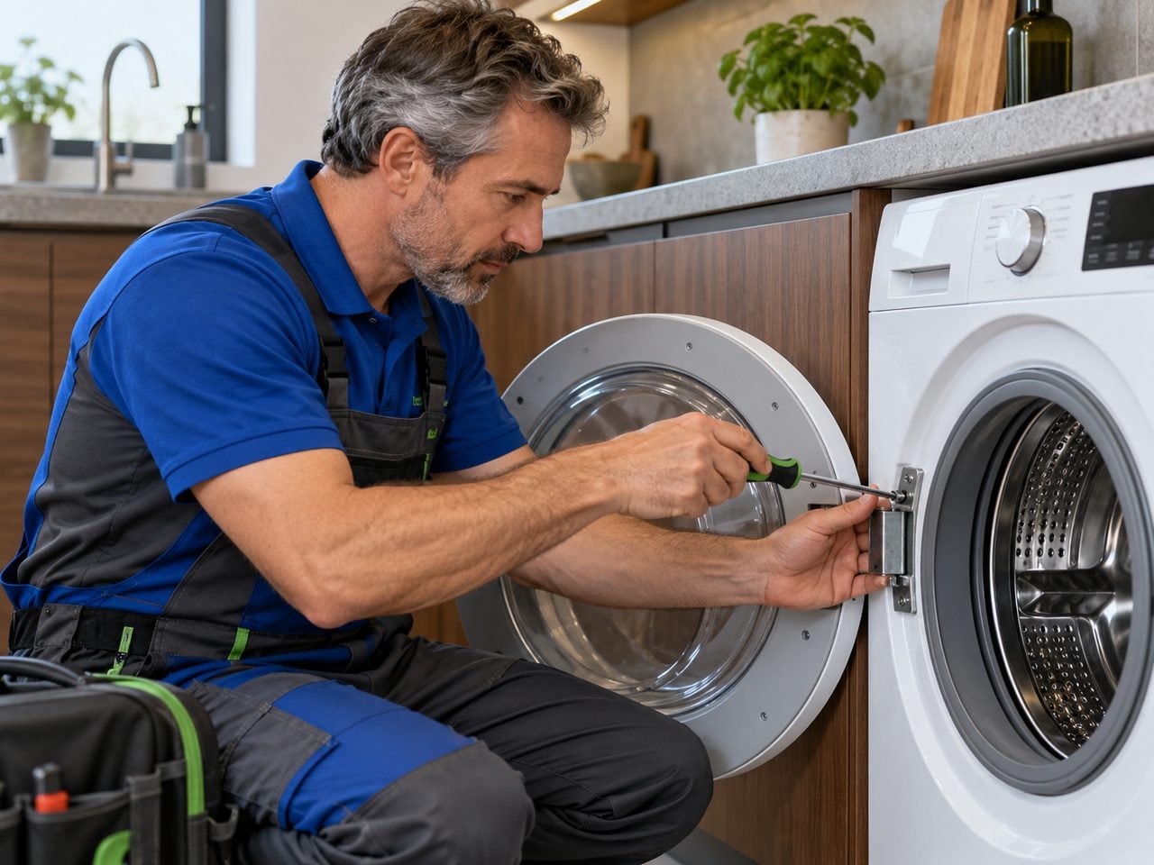 Technician checking a washer door hinge screw with a manual screwdriver