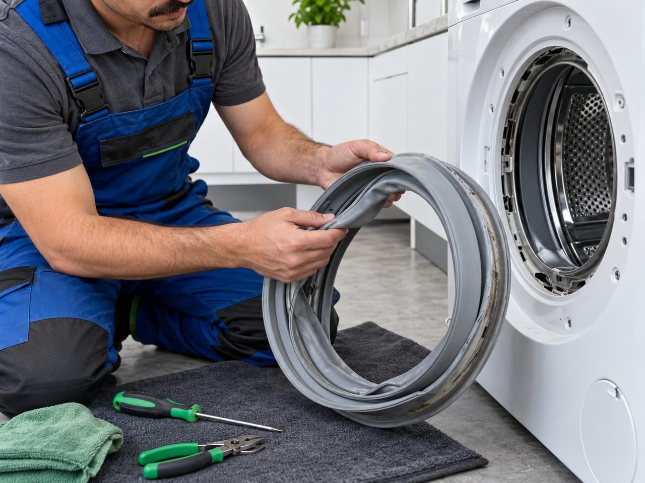 Technician examining a removed washer door gasket on a clean work mat