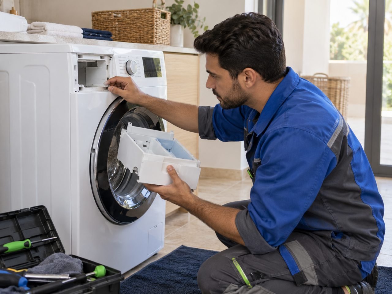 Technician inspecting an open detergent-drawer housing, drawer held beside the opening