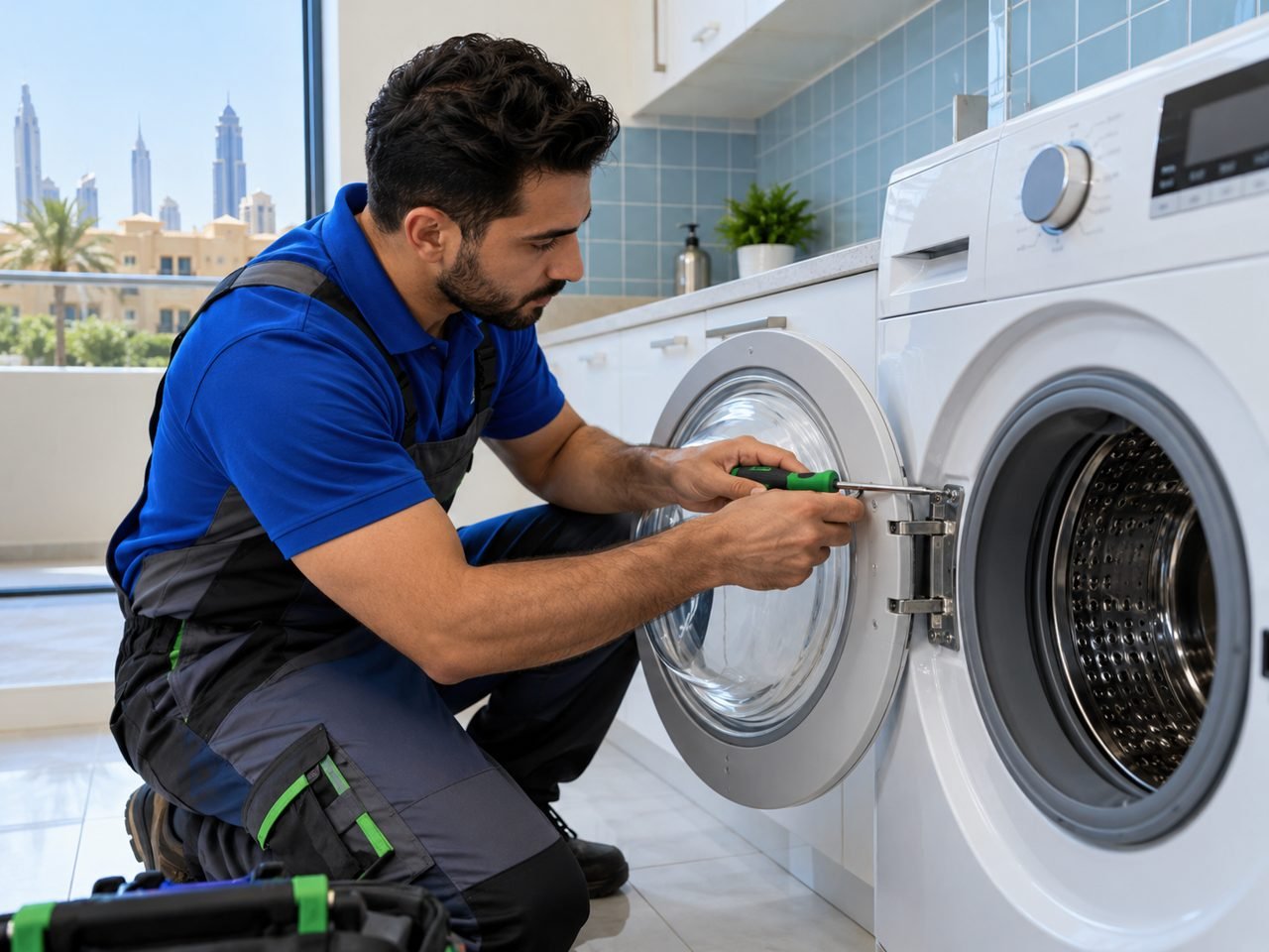 Technician checking a washer door hinge screw with a manual screwdriver