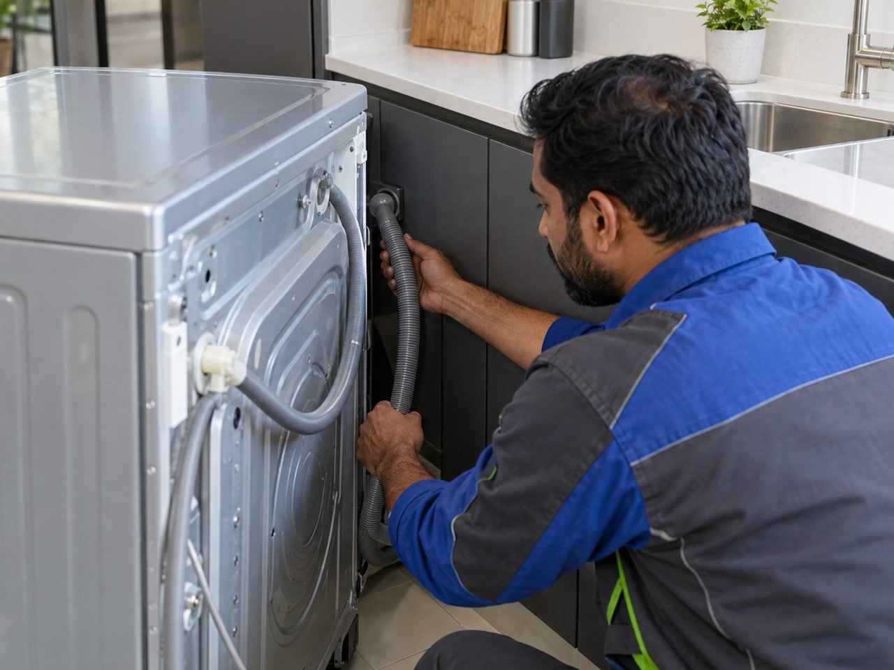 Technician checking the external drain-hose route behind an upright washer