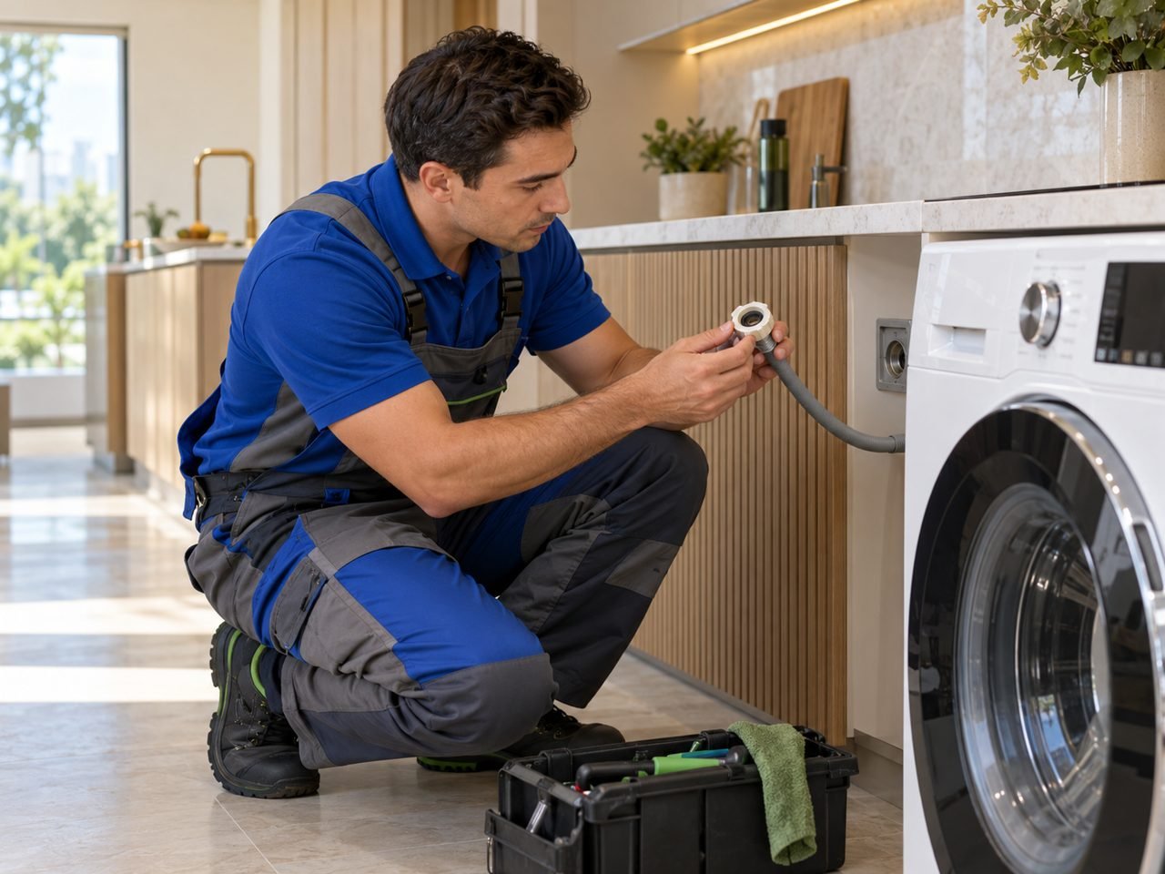 Technician checking an unplugged washer inlet-hose connection