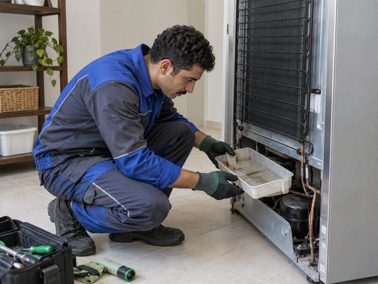 Technician inspecting the collection tray at the unplugged fridge's lower rear