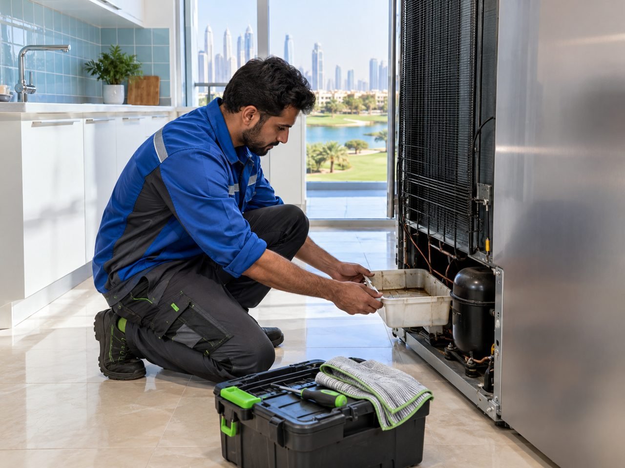 Technician inspecting the collection tray at the unplugged fridge's lower rear
