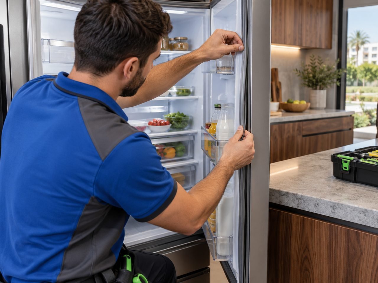 Technician checking the door seal of an open tall fridge