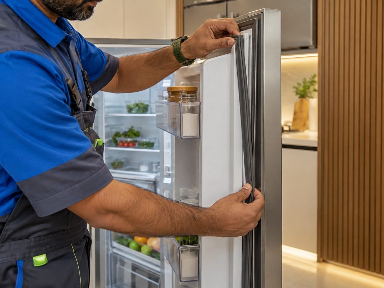 Technician checking the door seal of an open tall fridge
