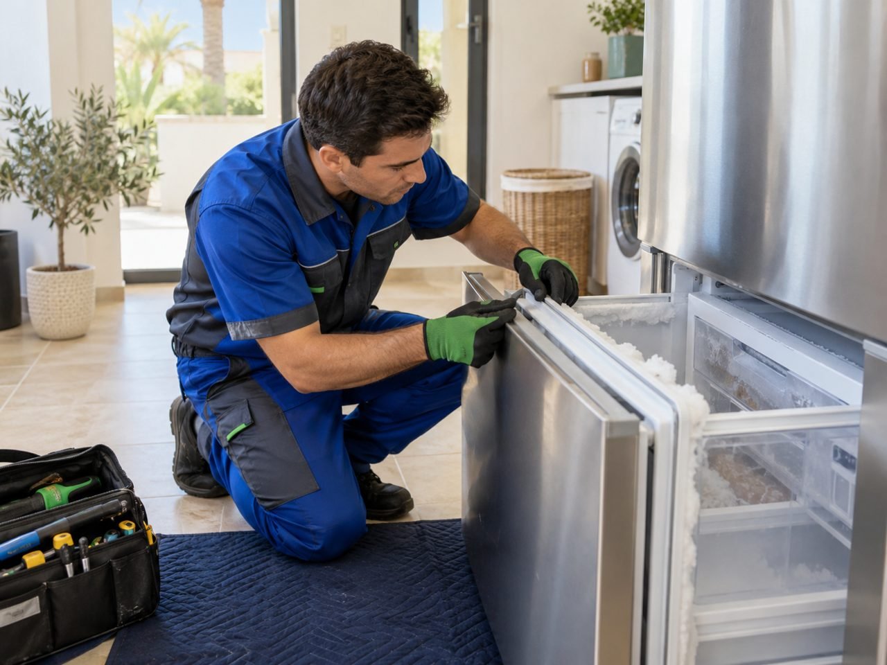 Technician inspecting visible frost around a lower freezer-drawer gasket