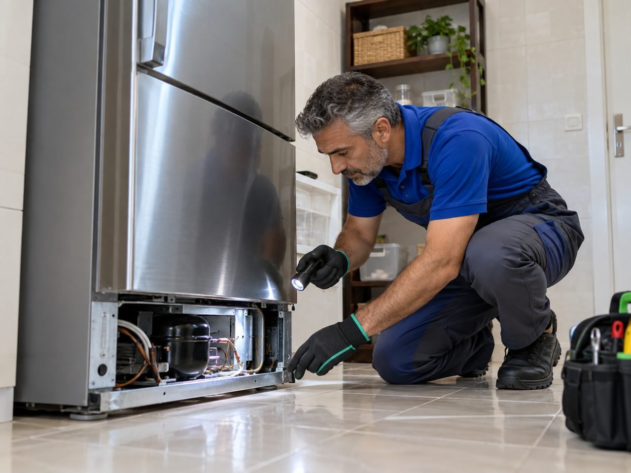 Technician checking the unplugged fridge's lower rear compartment with a small torch