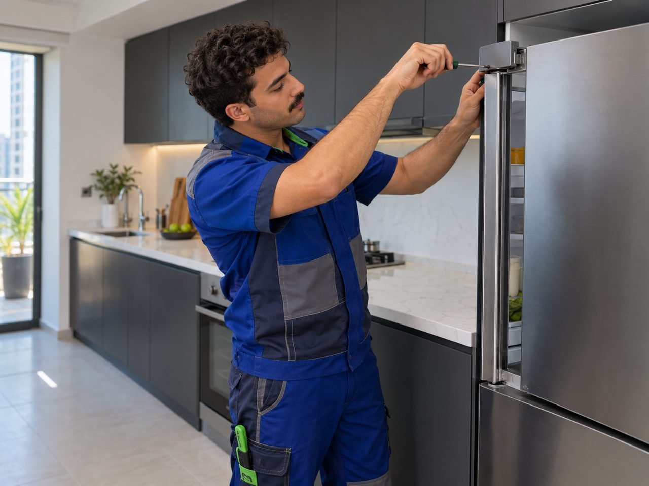 Technician checking a fridge hinge cover with a small manual screwdriver